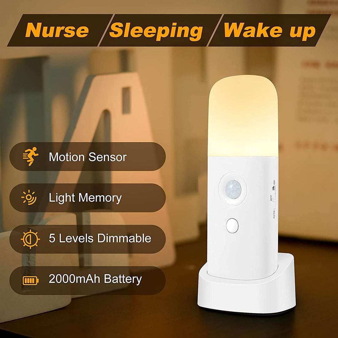 Motion Sensor Night Light Indoor, 2000Mah Battery Operated Lights, Cordless Table Lamps for Kids, 5 Stages Dimmable LED Nursery Night Lights for Bedroom, Bathroom, Hallway